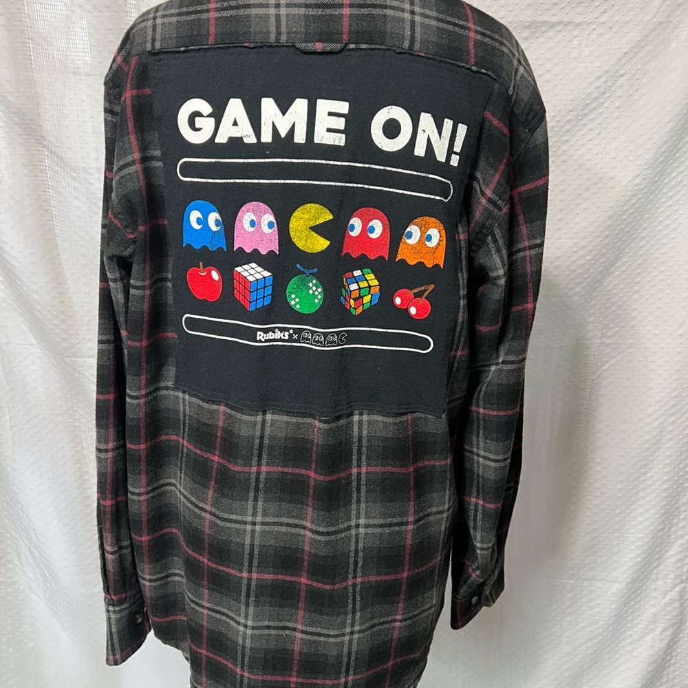 Upcycled Black Plaid Shirt with Game On Graphic